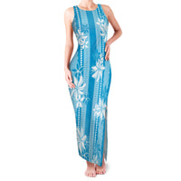 Hawaii Kakau Tribal Family Matching Tank Maxi Dress and Hawaiian Shirt With Blue Tiare LT05 Mom's Dress Blue - Polynesian Pride