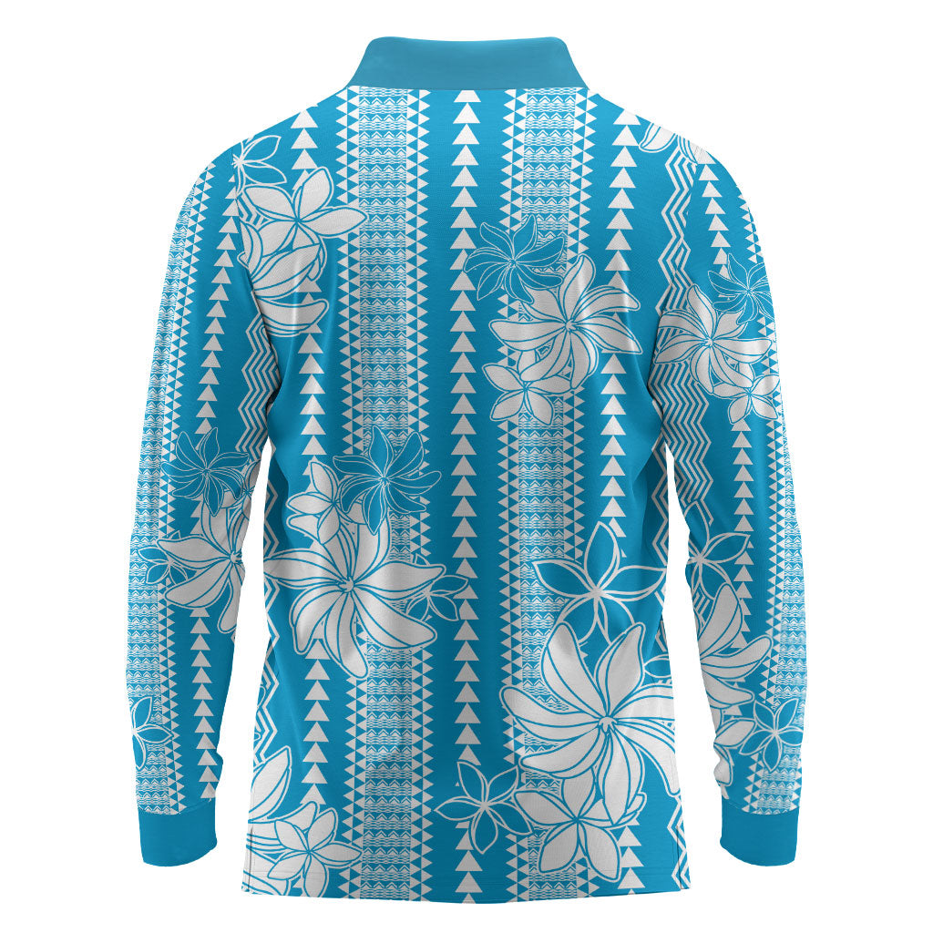 Hawaii Kakau Tribal Long Sleeve Polo Shirt With Blue Tiare