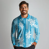 Hawaii Kakau Tribal Long Sleeve Polo Shirt With Blue Tiare