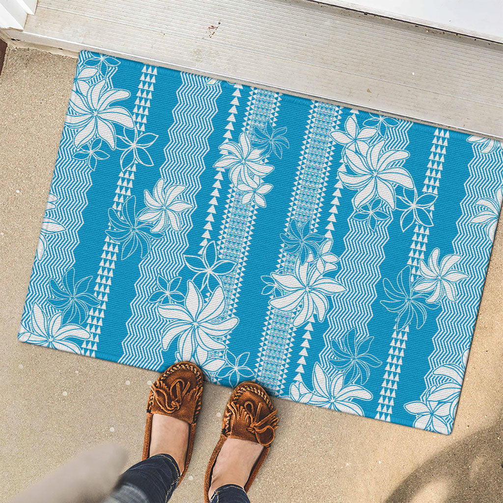 Hawaii Kakau Tribal Rubber Doormat With Blue Tiare