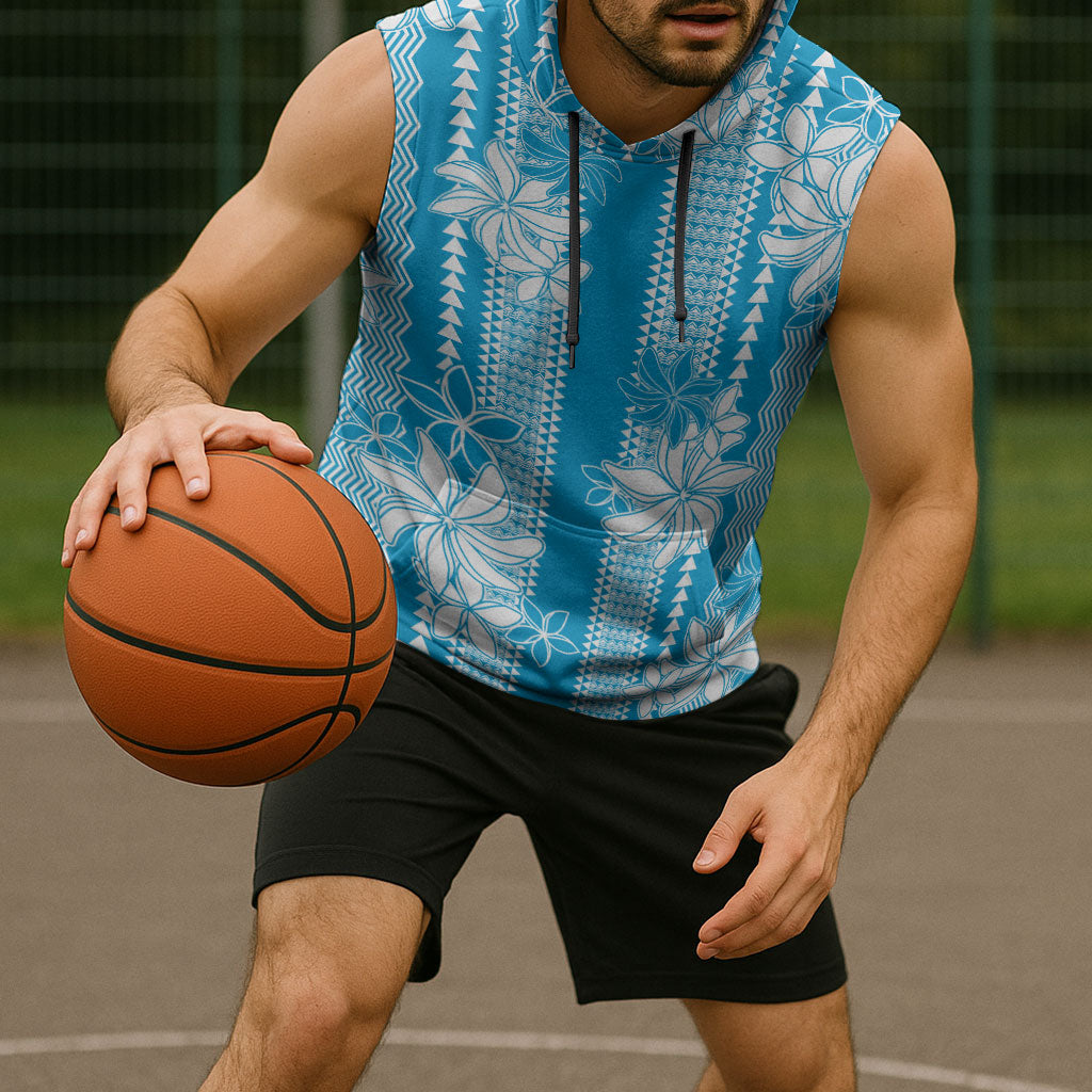 Hawaii Kakau Tribal Sleeveless Hoodie With Blue Tiare
