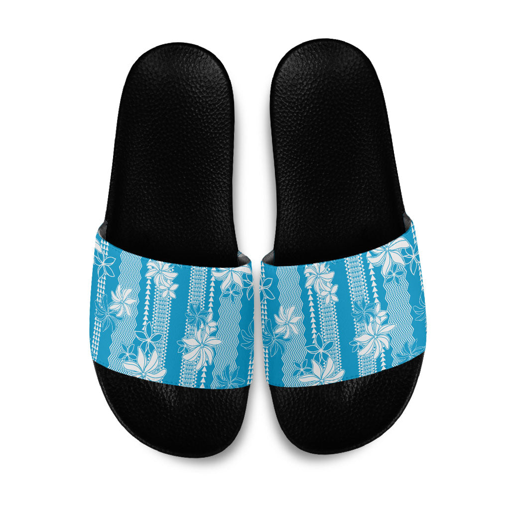 Hawaii Kakau Tribal Slide Sandals With Blue Tiare