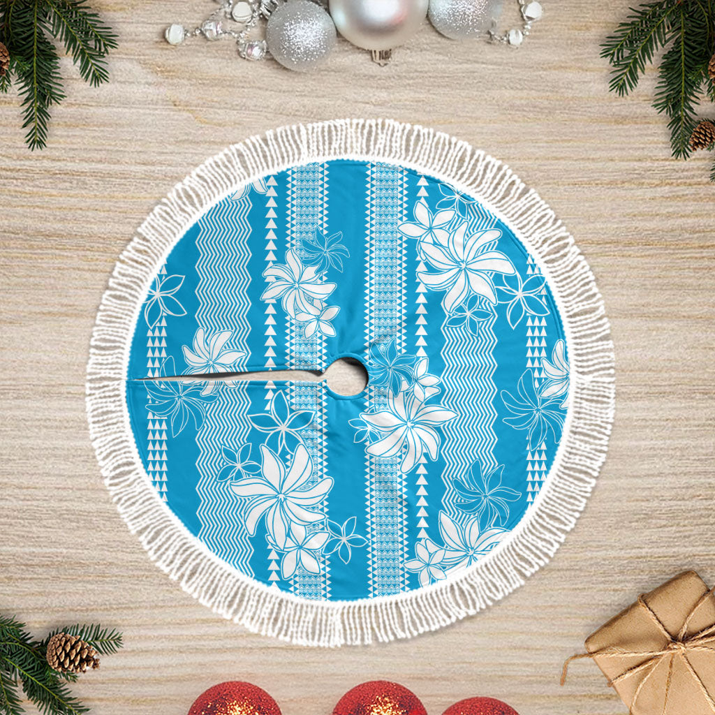 Hawaii Kakau Tribal Tree Skirt With Blue Tiare LT05 Fringed Blue - Polynesian Pride
