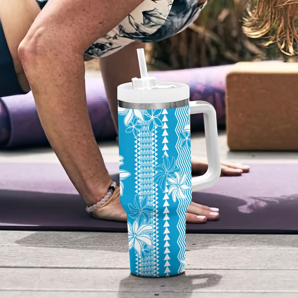 Hawaii Kakau Tribal Tumbler With Handle With Blue Tiare