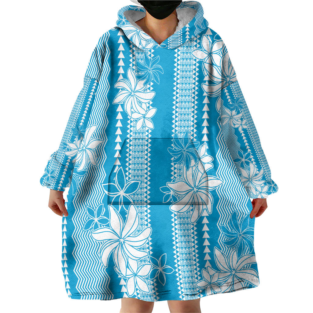 Hawaii Kakau Tribal Wearable Blanket Hoodie With Blue Tiare LT05 - Polynesian Pride
