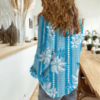 Hawaii Kakau Tribal Women Casual Shirt With Blue Tiare