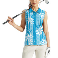 Hawaii Kakau Tribal Women Sleeveless Polo Shirt With Blue Tiare