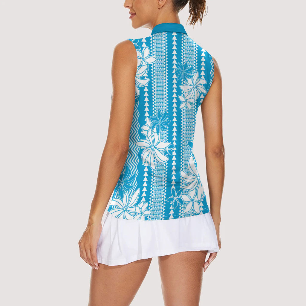 Hawaii Kakau Tribal Women Sleeveless Polo Shirt With Blue Tiare