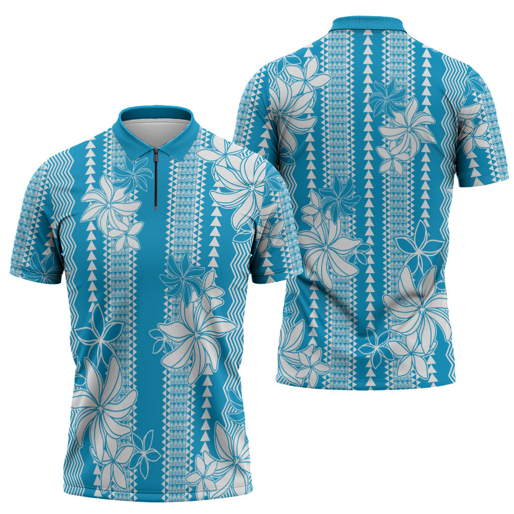 Hawaii Kakau Tribal Zipper Polo Shirt With Blue Tiare