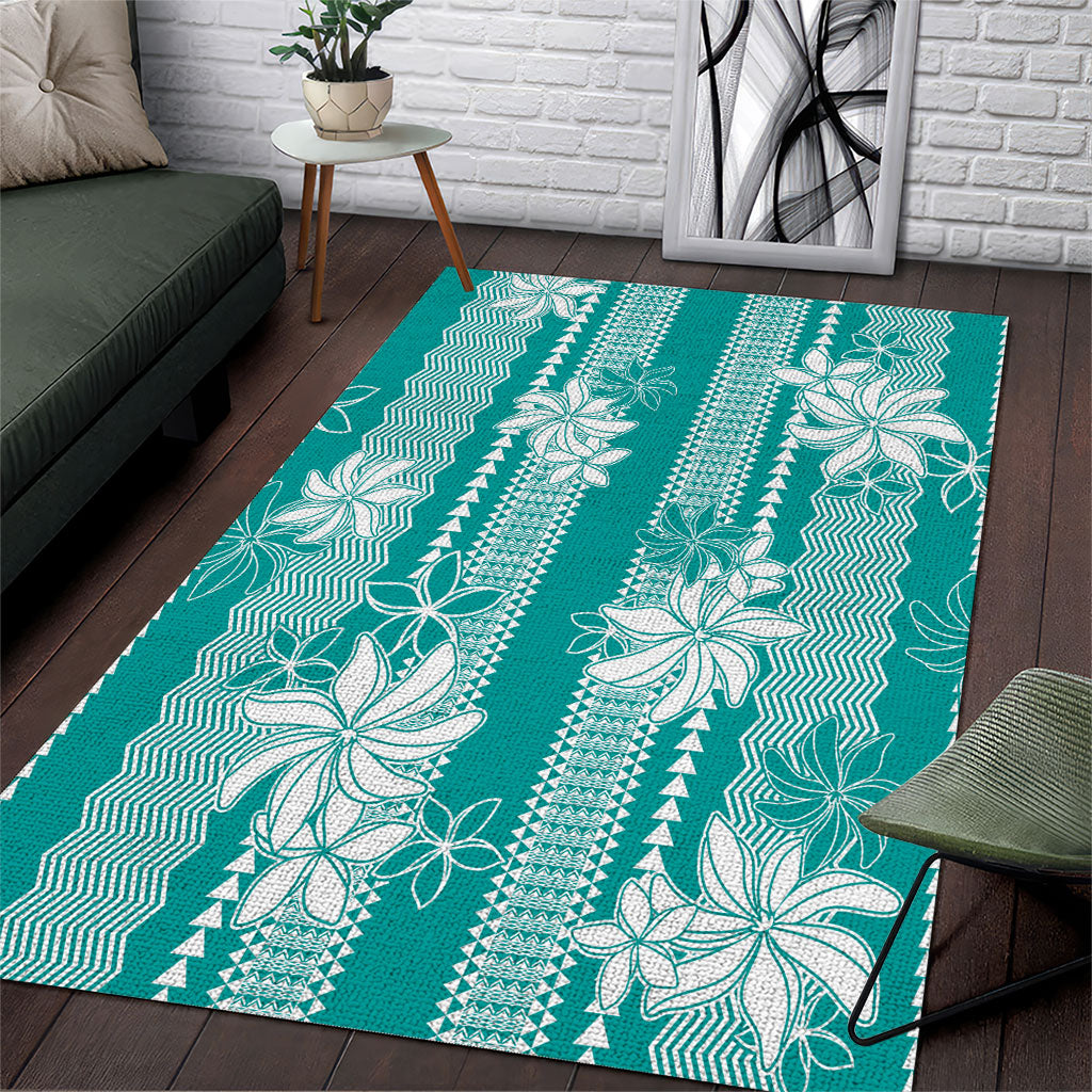 Hawaii Kakau Tribal Area Rug With Teal Tiare