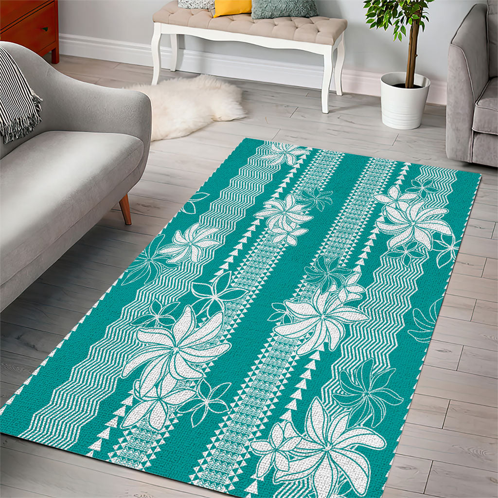 Hawaii Kakau Tribal Area Rug With Teal Tiare