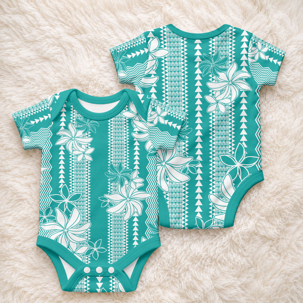 Hawaii Kakau Tribal Baby Onesie With Teal Tiare LT05 - Polynesian Pride