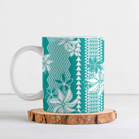 Hawaii Kakau Tribal Ceramic Mug With Teal Tiare
