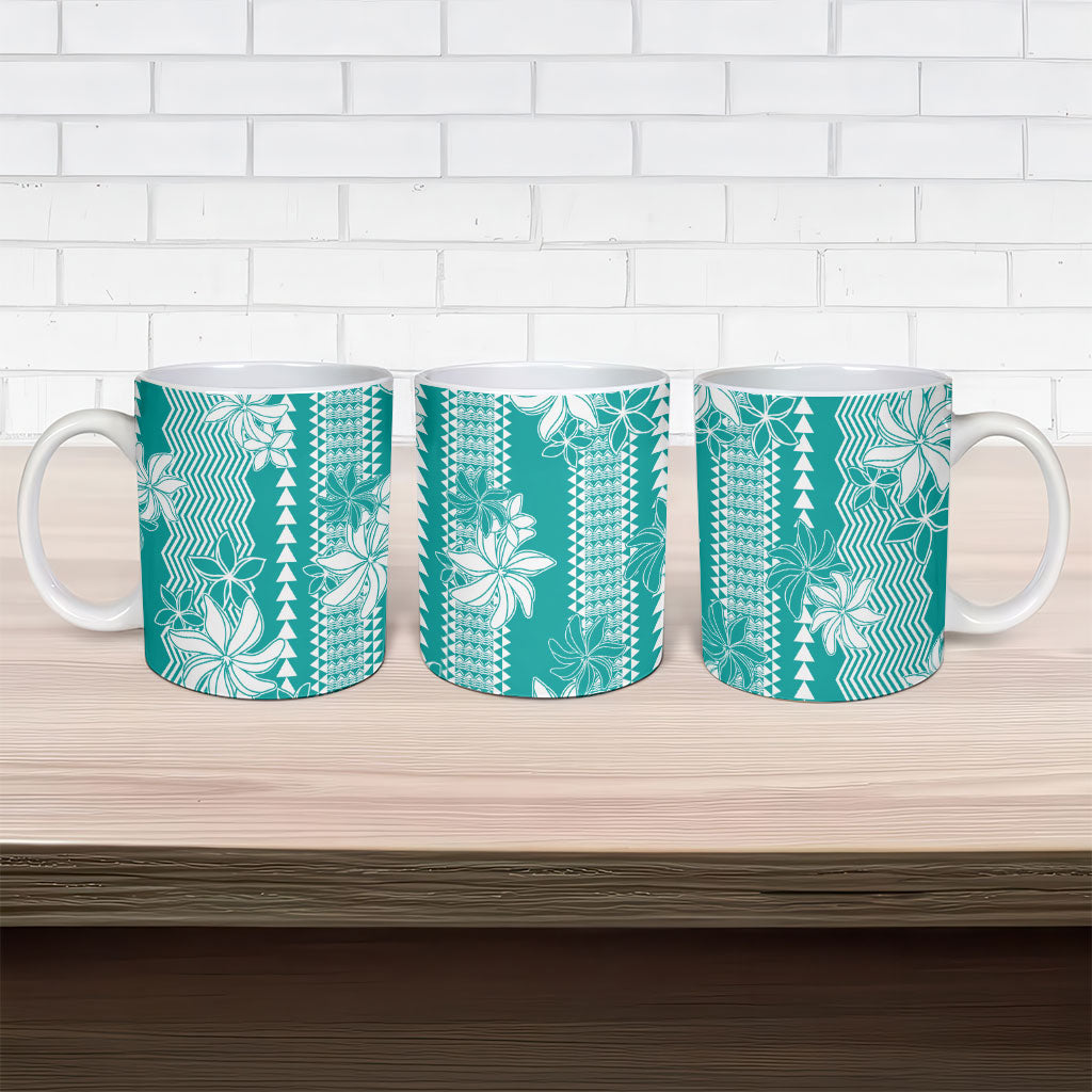 Hawaii Kakau Tribal Ceramic Mug With Teal Tiare