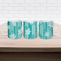 Hawaii Kakau Tribal Ceramic Mug With Teal Tiare