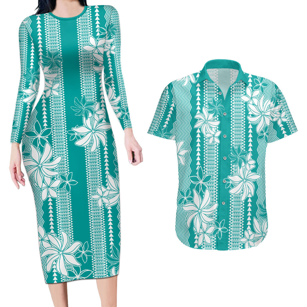 Hawaii Kakau Tribal Couples Matching Long Sleeve Bodycon Dress and Hawaiian Shirt With Teal Tiare