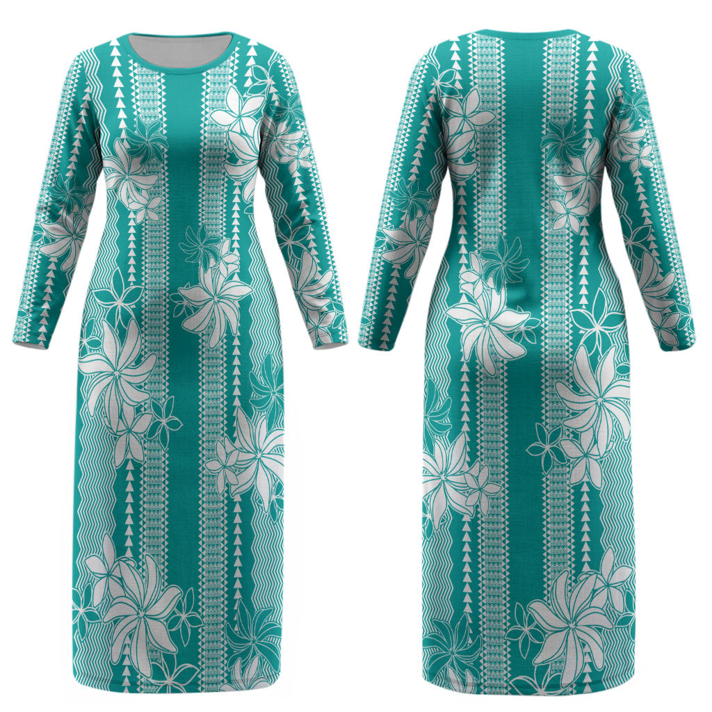 Hawaii Kakau Tribal Couples Matching Long Sleeve Bodycon Dress and Hawaiian Shirt With Teal Tiare LT05 - Polynesian Pride