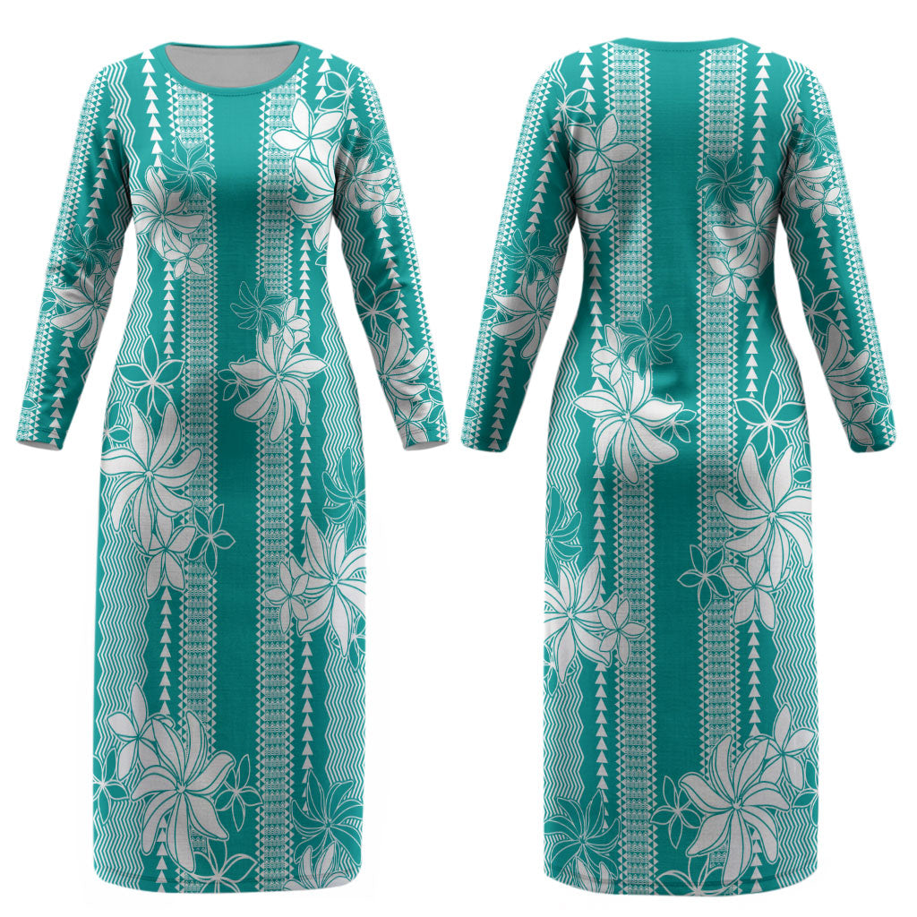Hawaii Kakau Tribal Couples Matching Long Sleeve Bodycon Dress and Long Sleeve Button Shirt With Teal Tiare LT05 - Polynesian Pride