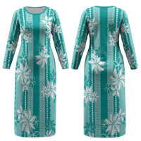 Hawaii Kakau Tribal Couples Matching Long Sleeve Bodycon Dress and Long Sleeve Button Shirt With Teal Tiare LT05 - Polynesian Pride