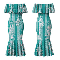 Hawaii Kakau Tribal Couples Matching Mermaid Dress and Hawaiian Shirt With Teal Tiare LT05 - Polynesian Pride