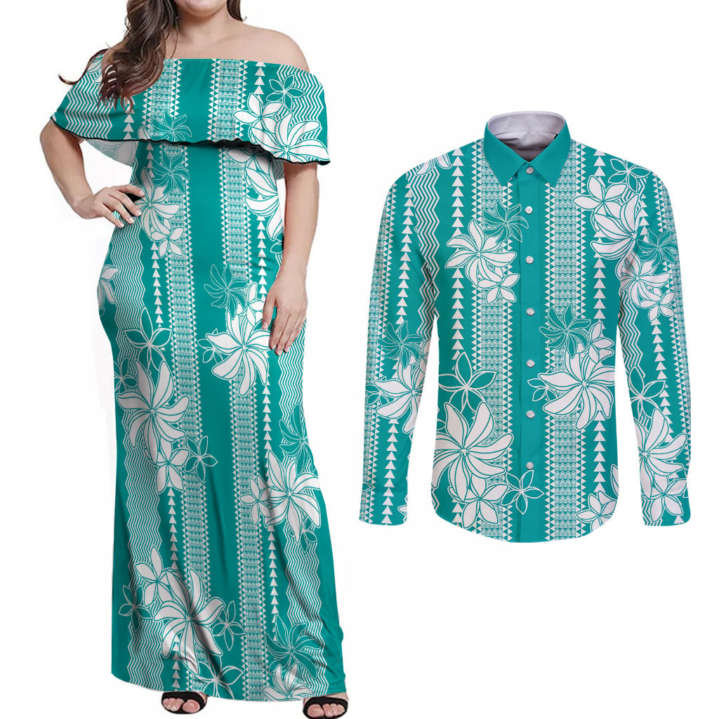 Hawaii Kakau Tribal Couples Matching Off Shoulder Maxi Dress and Long Sleeve Button Shirt With Teal Tiare