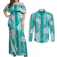 Hawaii Kakau Tribal Couples Matching Off Shoulder Maxi Dress and Long Sleeve Button Shirt With Teal Tiare