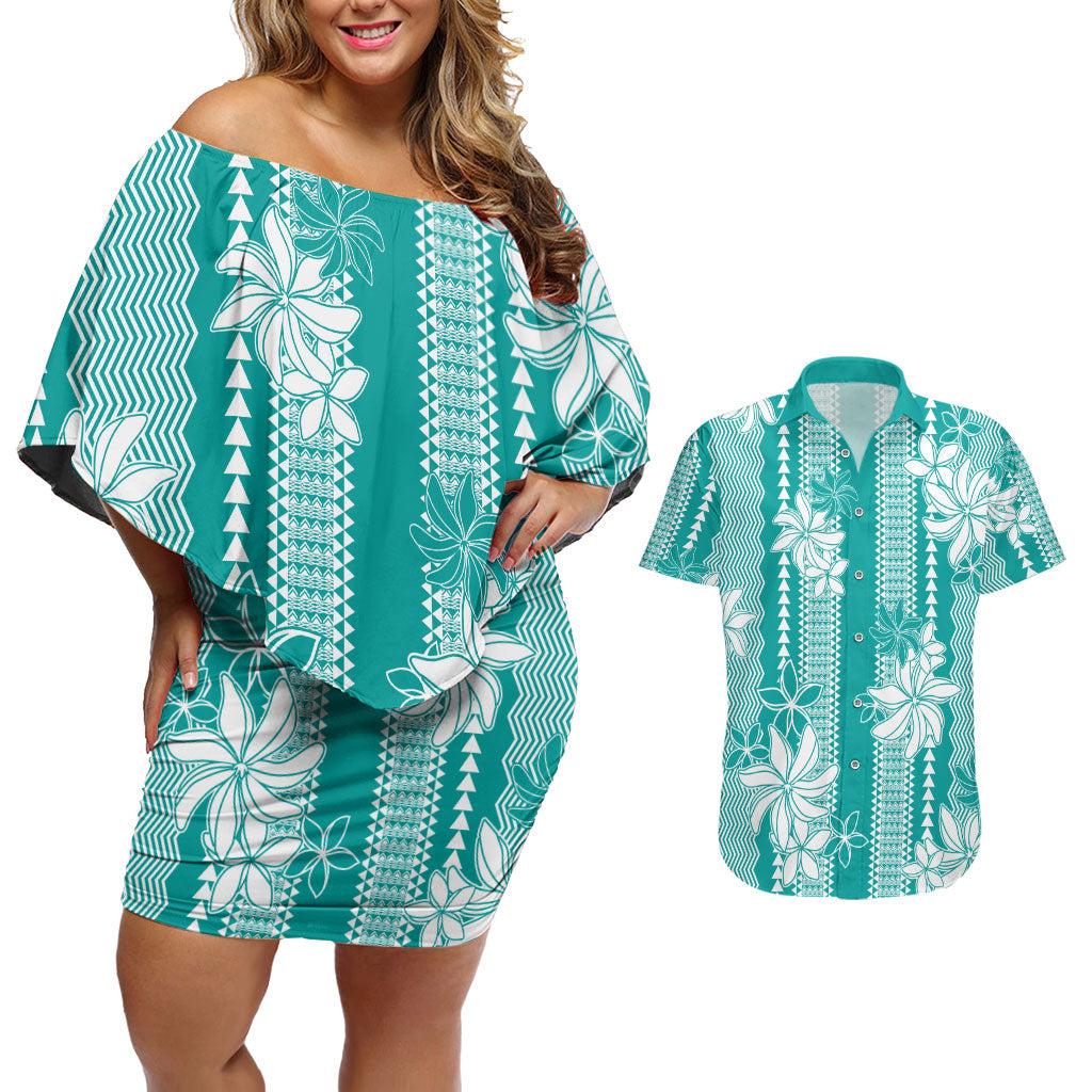 Hawaii Kakau Tribal Couples Matching Off Shoulder Short Dress and Hawaiian Shirt With Teal Tiare