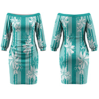 Hawaii Kakau Tribal Couples Matching Off The Shoulder Long Sleeve Dress and Long Sleeve Button Shirt With Teal Tiare LT05 - Polynesian Pride