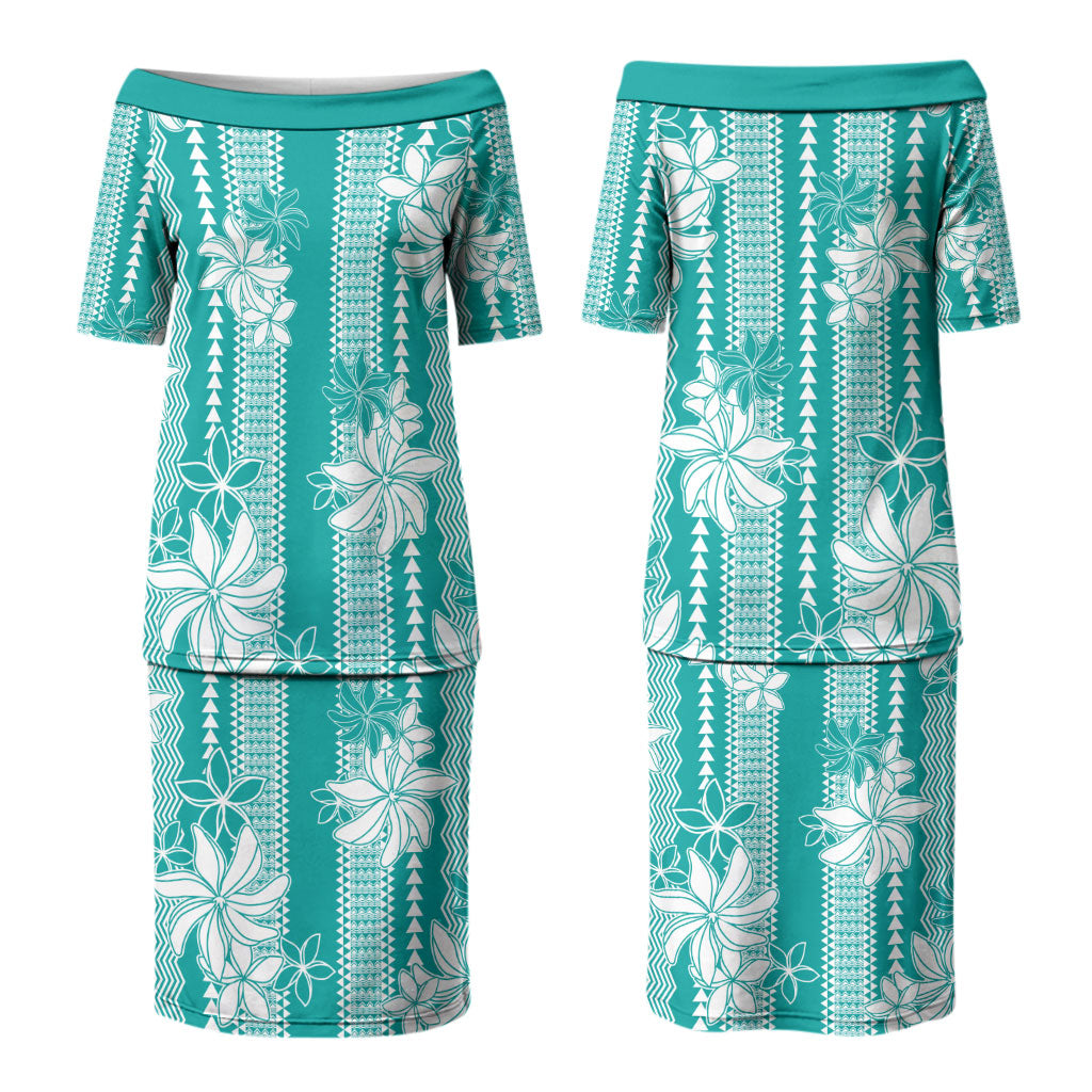 Hawaii Kakau Tribal Couples Matching Puletasi and Hawaiian Shirt With Teal Tiare LT05 - Polynesian Pride