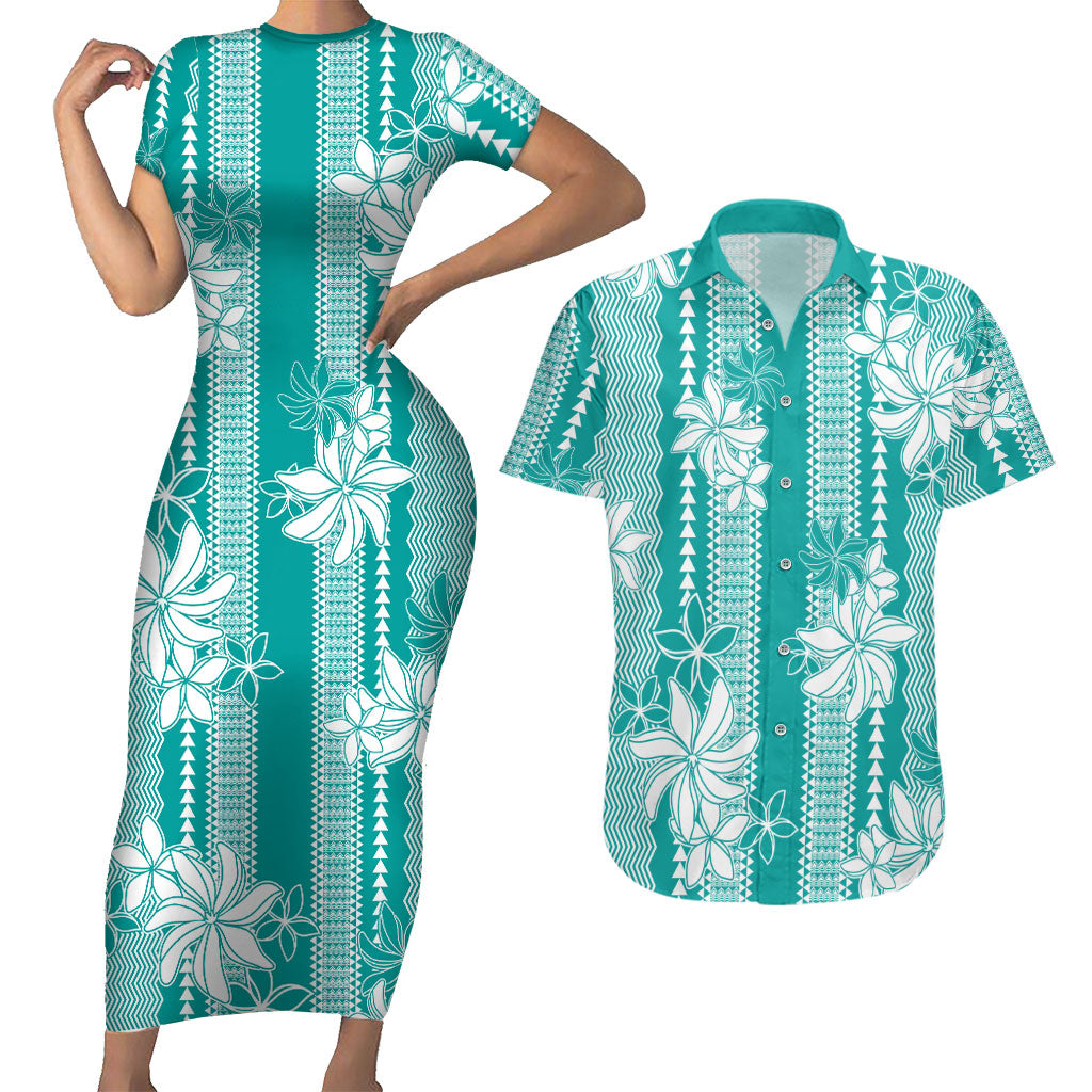 Hawaii Kakau Tribal Couples Matching Short Sleeve Bodycon Dress and Hawaiian Shirt With Teal Tiare