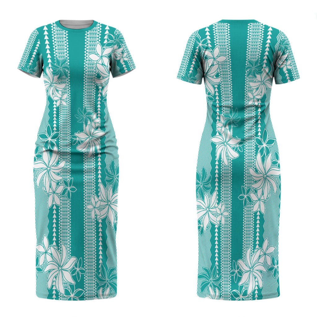 Hawaii Kakau Tribal Couples Matching Short Sleeve Bodycon Dress and Hawaiian Shirt With Teal Tiare LT05 - Polynesian Pride