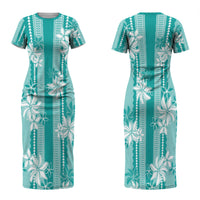 Hawaii Kakau Tribal Couples Matching Short Sleeve Bodycon Dress and Hawaiian Shirt With Teal Tiare LT05 - Polynesian Pride