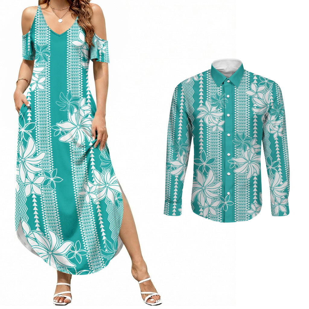 Hawaii Kakau Tribal Couples Matching Summer Maxi Dress and Long Sleeve Button Shirt With Teal Tiare LT05 Teal - Polynesian Pride
