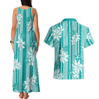 Hawaii Kakau Tribal Couples Matching Tank Maxi Dress and Hawaiian Shirt With Teal Tiare