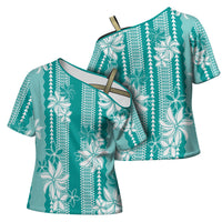 Hawaii Kakau Tribal Cross Shoulder Shirt With Teal Tiare