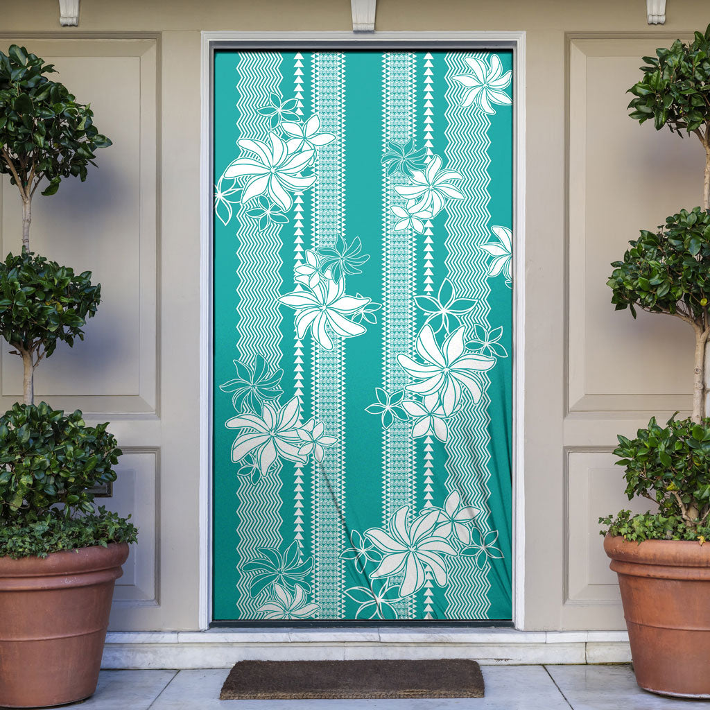 Hawaii Kakau Tribal Door Cover With Teal Tiare