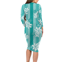 Hawaii Kakau Tribal Family Matching Long Sleeve Bodycon Dress and Hawaiian Shirt With Teal Tiare LT05 - Polynesian Pride