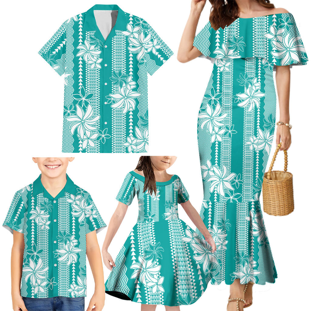 Hawaii Kakau Tribal Family Matching Mermaid Dress and Hawaiian Shirt With Teal Tiare LT05 - Polynesian Pride