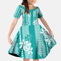 Hawaii Kakau Tribal Family Matching Off The Shoulder Long Sleeve Dress and Hawaiian Shirt With Teal Tiare LT05 Daughter's Dress Teal - Polynesian Pride