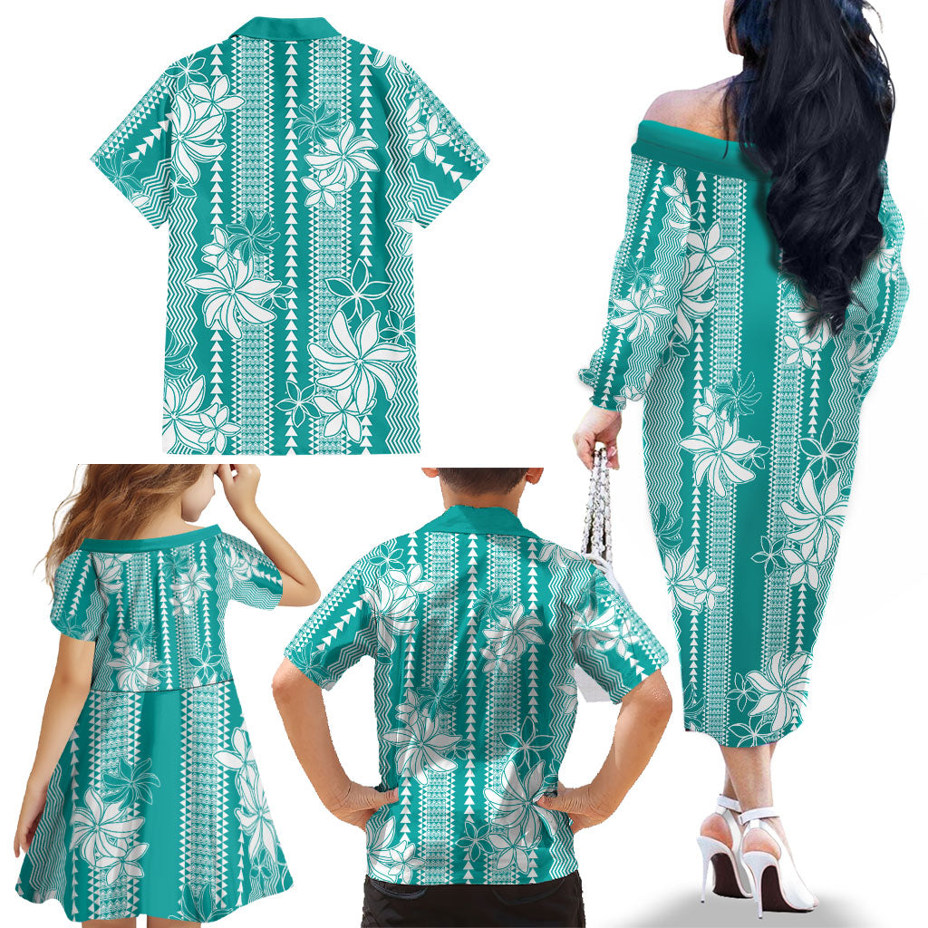 Hawaii Kakau Tribal Family Matching Off The Shoulder Long Sleeve Dress and Hawaiian Shirt With Teal Tiare LT05 - Polynesian Pride