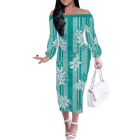 Hawaii Kakau Tribal Family Matching Off The Shoulder Long Sleeve Dress and Hawaiian Shirt With Teal Tiare LT05 Mom's Dress Teal - Polynesian Pride