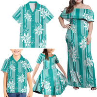 Hawaii Kakau Tribal Family Matching Off Shoulder Maxi Dress and Hawaiian Shirt With Teal Tiare LT05 - Polynesian Pride