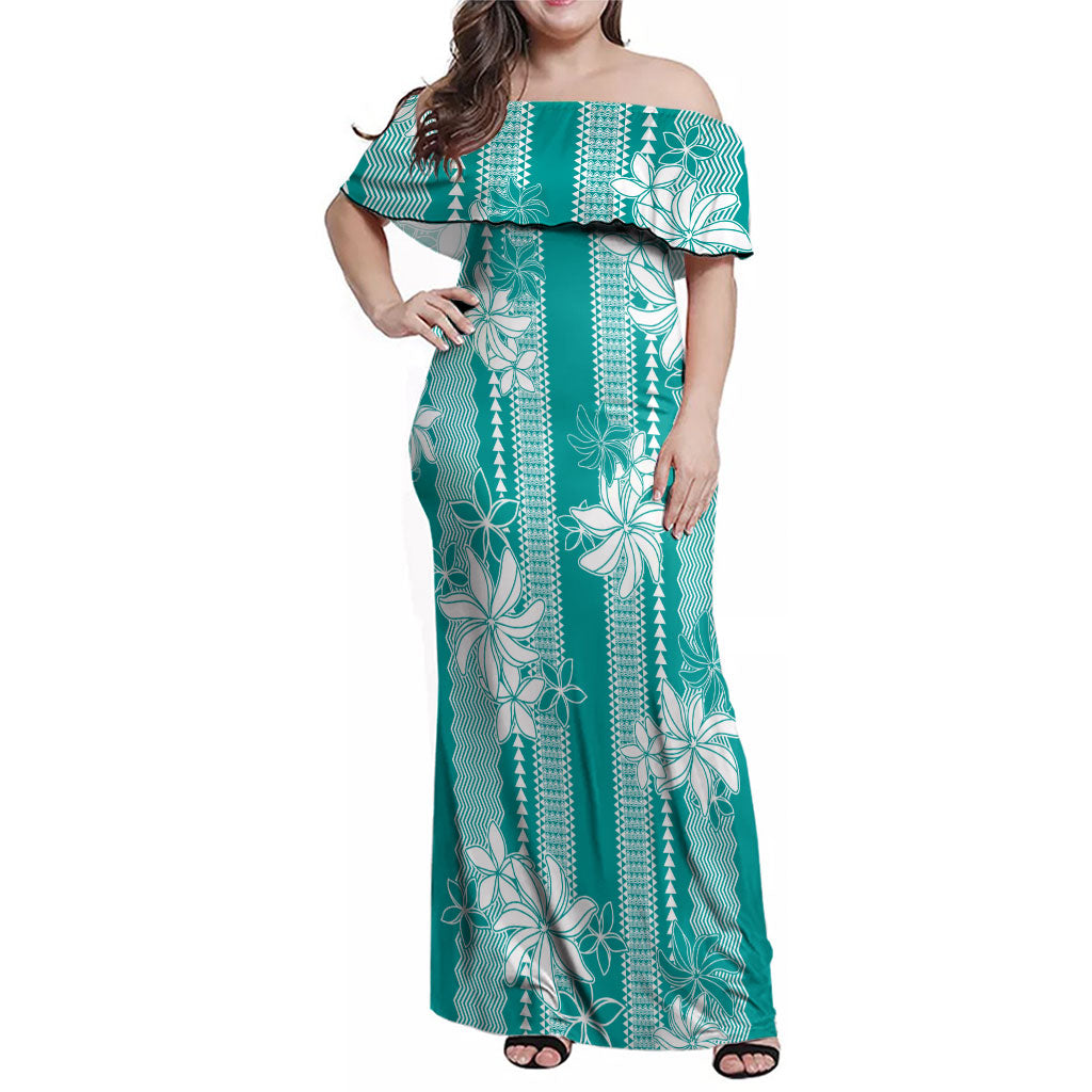 Hawaii Kakau Tribal Family Matching Off Shoulder Maxi Dress and Hawaiian Shirt With Teal Tiare LT05 Mom's Dress Teal - Polynesian Pride
