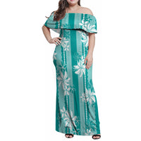 Hawaii Kakau Tribal Family Matching Off Shoulder Maxi Dress and Hawaiian Shirt With Teal Tiare LT05 Mom's Dress Teal - Polynesian Pride