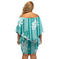 Hawaii Kakau Tribal Family Matching Off Shoulder Short Dress and Hawaiian Shirt With Teal Tiare LT05 - Polynesian Pride
