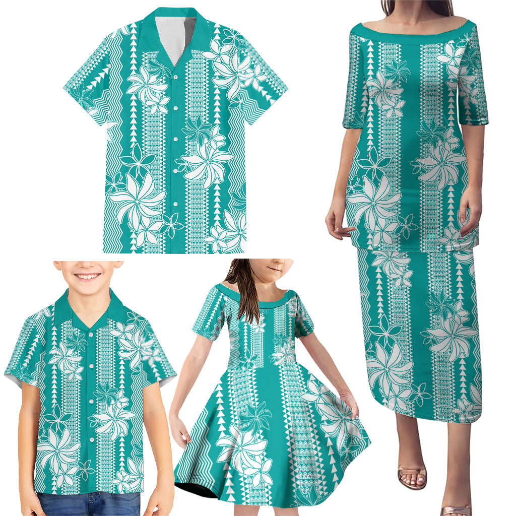 Hawaii Kakau Tribal Family Matching Puletasi and Hawaiian Shirt With Teal Tiare LT05 - Polynesian Pride