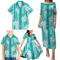 Hawaii Kakau Tribal Family Matching Puletasi and Hawaiian Shirt With Teal Tiare LT05 - Polynesian Pride