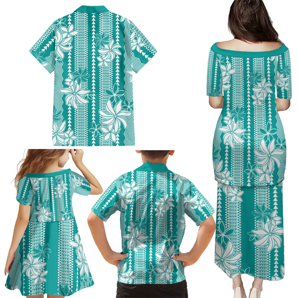 Hawaii Kakau Tribal Family Matching Puletasi and Hawaiian Shirt With Teal Tiare LT05 - Polynesian Pride