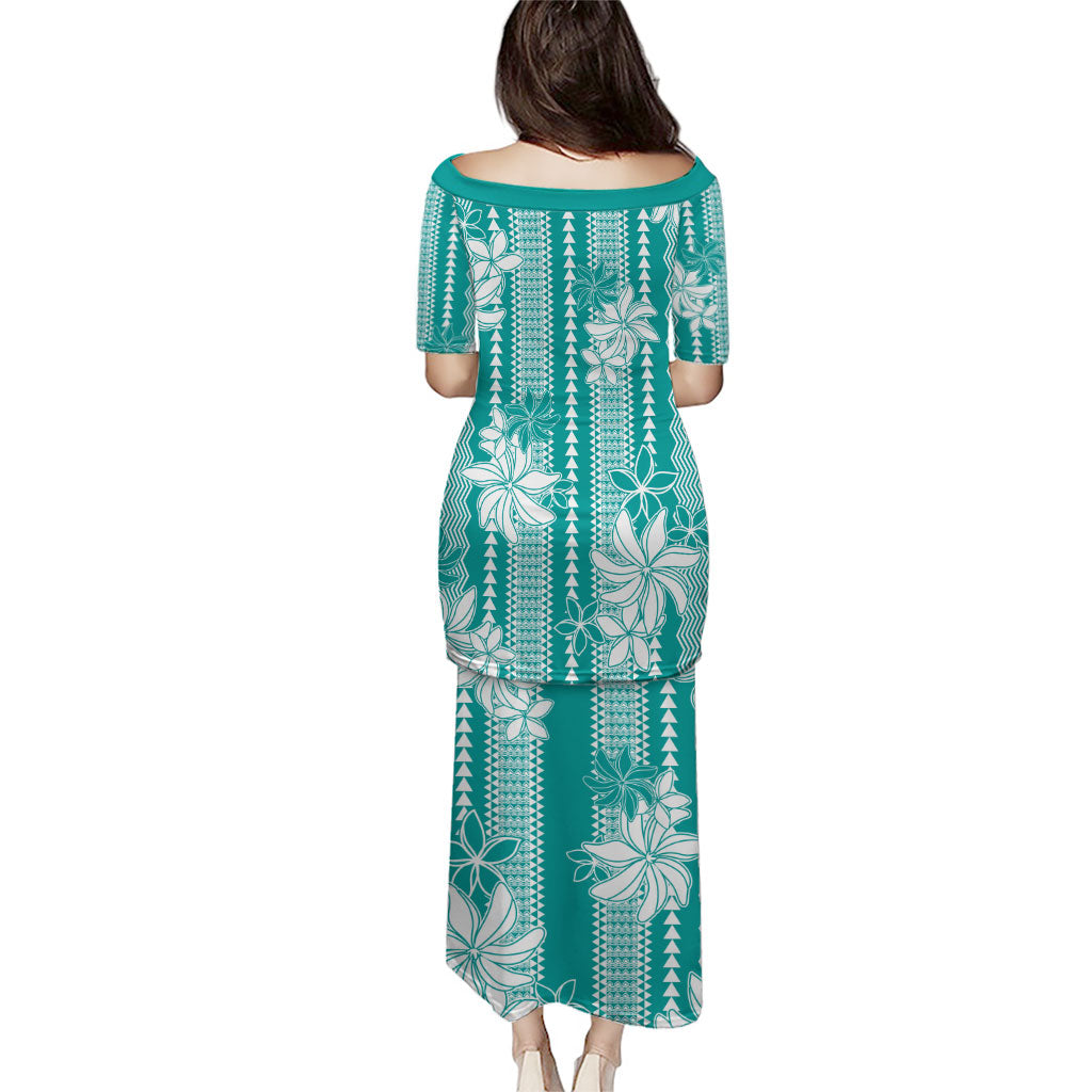 Hawaii Kakau Tribal Family Matching Puletasi and Hawaiian Shirt With Teal Tiare LT05 - Polynesian Pride