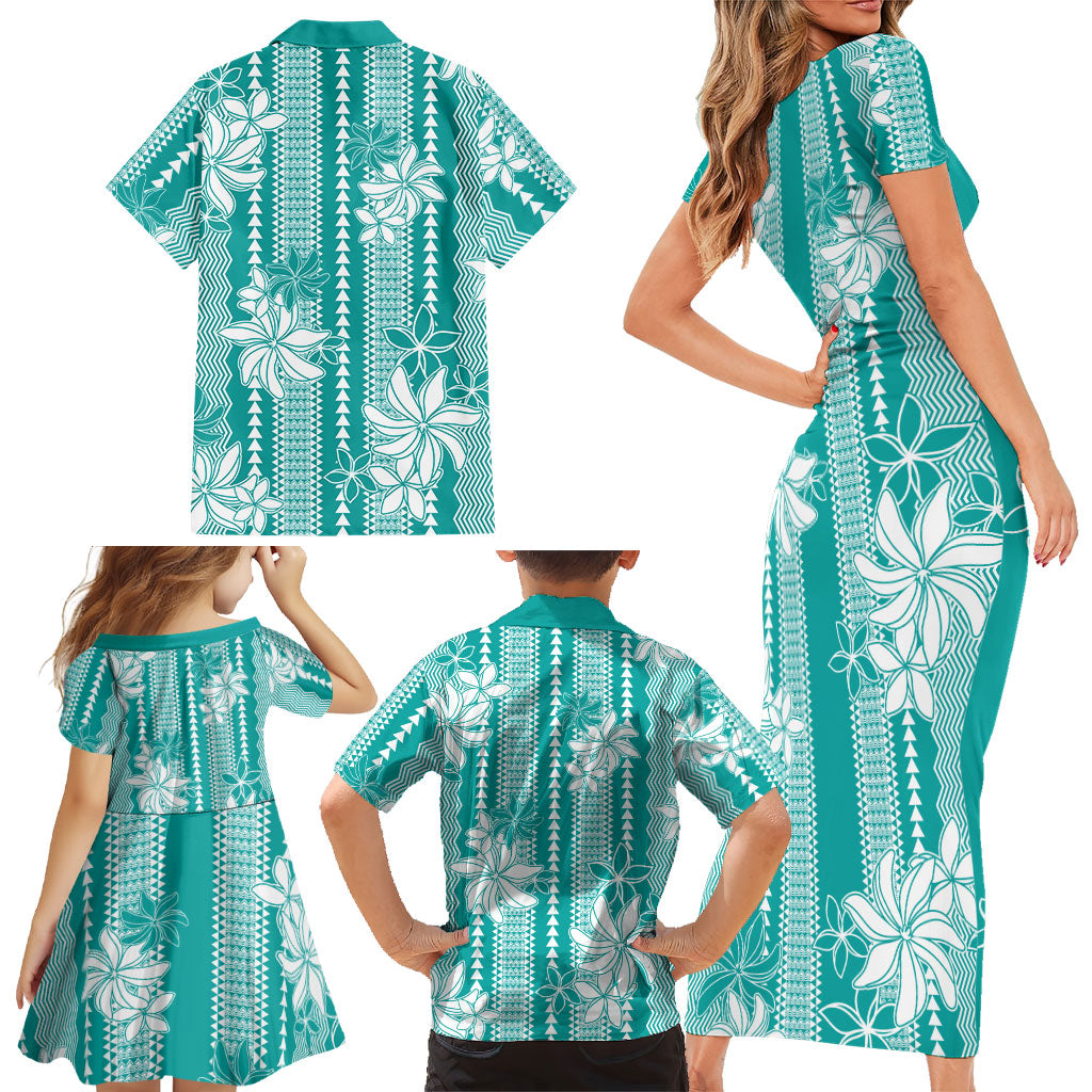 Hawaii Kakau Tribal Family Matching Short Sleeve Bodycon Dress and Hawaiian Shirt With Teal Tiare LT05 - Polynesian Pride